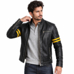 Black Leather Jacket with Blue Stripes - Image 6