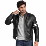 Black Leather Jacket with Blue Stripes - Image 10