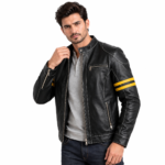 Black Leather Jacket with Blue Stripes - Image 5