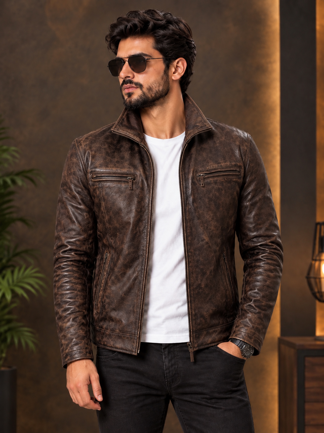 0BAC6E34-48AC-4557-A5FC-7A1AAB51240B Dark Brown Stylish Zip-Up Leather Jacket for Men - Image 1