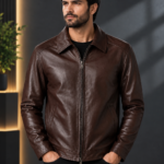 Oxford Classic brown Leather Jacket Zip-Up  for Men