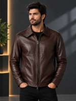 Oxford Classic brown Leather Jacket Zip-Up  for Men