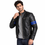 Black Leather Jacket with Blue Stripes - Image 2