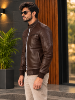 Olive Green Sven Leather Bomber Jacket for men - Image 8