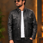 Black Quilted Leather Field Jacket