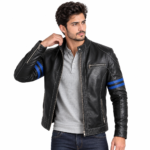 Black Leather Jacket with Blue Stripes