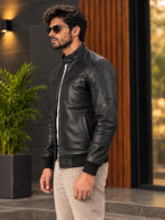 Black Sven Leather Bomber Jacket - Image 2