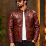 Cherry Leather Jacket with Zip  Pockets
