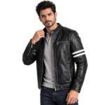 Black Leather Jacket with Blue Stripes - Image 11