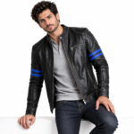 Black Leather Jacket with Blue Stripes - Image 3