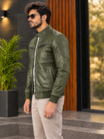 Olive Green Sven Leather Bomber Jacket for men - Image 2