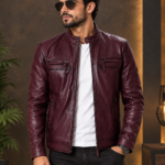 burgundy Stylish Zip-Up Leather Jacket for Men