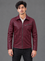 Burgundy Stylish Zip-Up Leather Jacket for Men