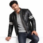 Black Leather Jacket with Blue Stripes - Image 12