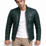 Dark Green Stylish Zip-Up Leather Jacket for Men
