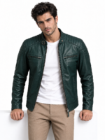 Gorege Green Leather Bomber Jacket