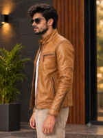Tan Bomter Biker Leather Jacket - Image 2