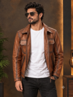 Dark Brown Stylish Zip-Up Leather Jacket for Men - Image 2