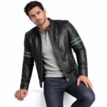 Black Leather Jacket with Blue Stripes - Image 7