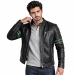 Black Leather Jacket with Blue Stripes - Image 9