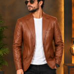Camel Brown Leather Tailored Blazer