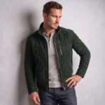Men's Navy Striped Leather-Look Racer Jacket