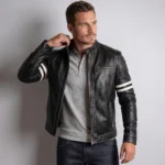 Men's Brown Striped Leather-Look Racer Jacket