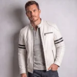 Men's Dark Green Striped Leather-Look Racer Jacket
