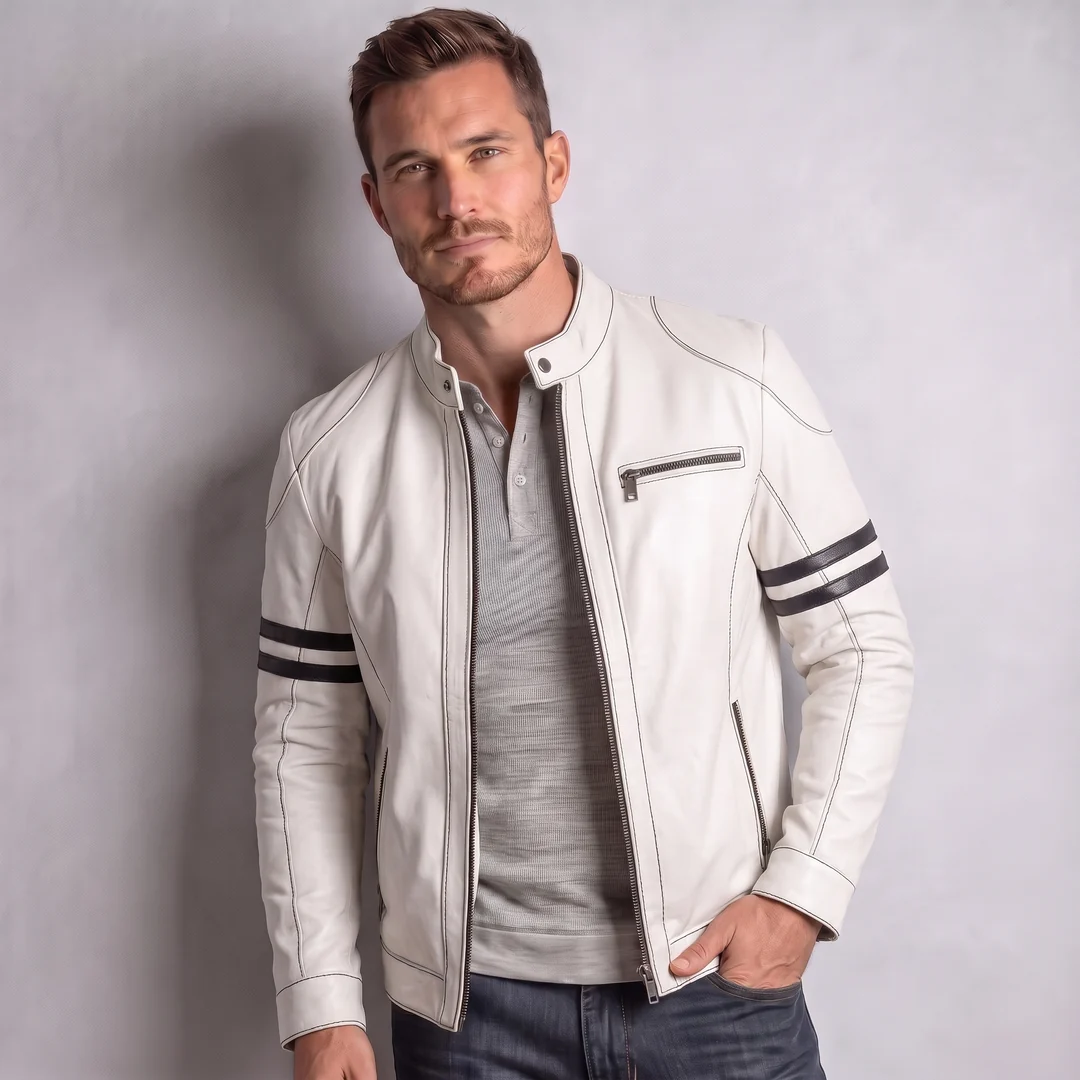 SKU-M-12_1 Men's Dark Green Striped Leather-Look Racer Jacket - Image 1