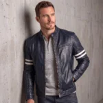 Men's Mustard Yellow Striped Leather-Look Racer Jacket