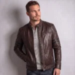 Men's Burgundy Striped Leather-Look Racer Jacket