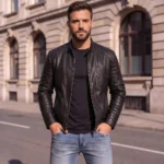 Black Quilted Shoulder Leather Jacket