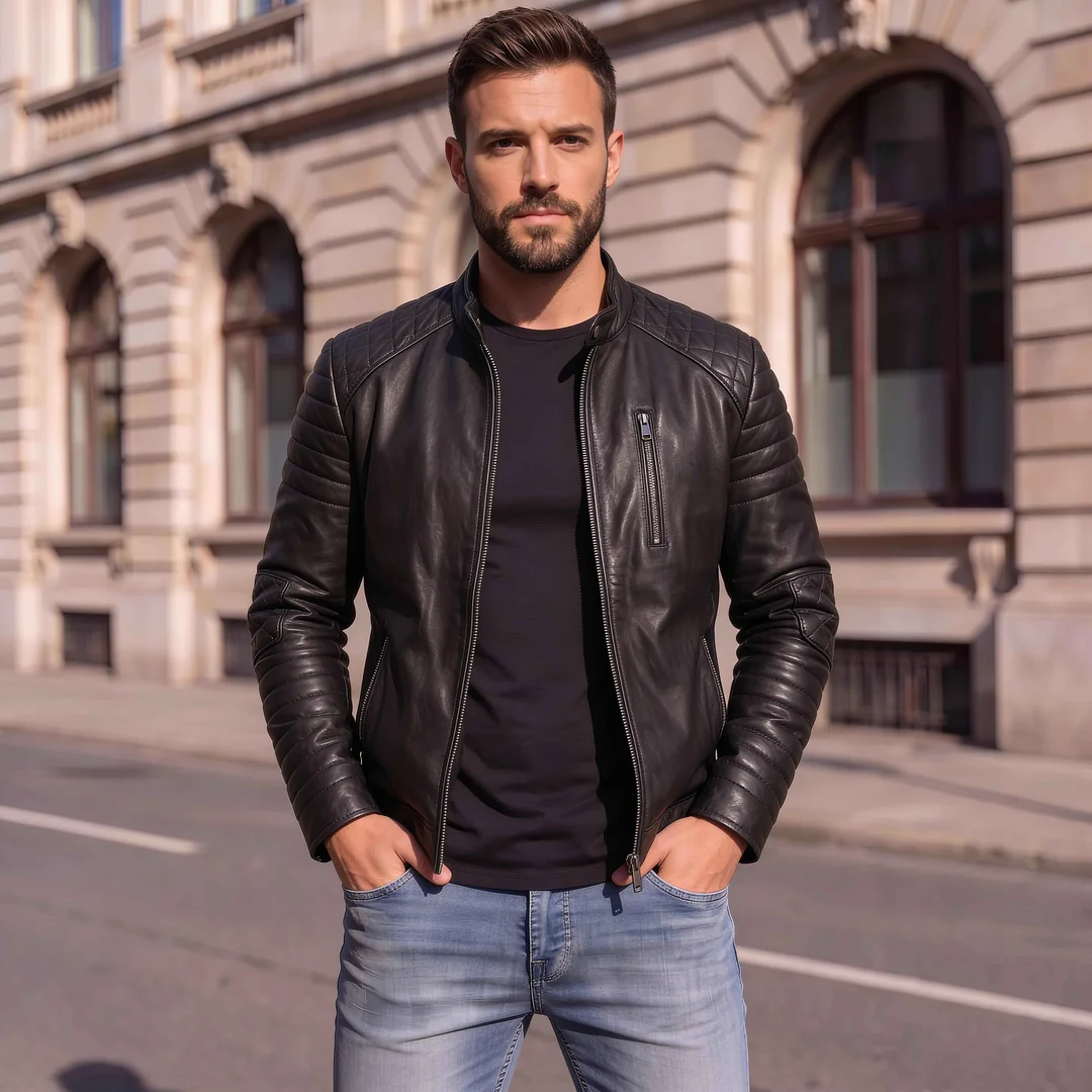 SKU-M-22_1 Black Quilted Shoulder Leather Jacket - Image 1