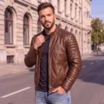 Brown Quilted Sleeve Leather Jacket