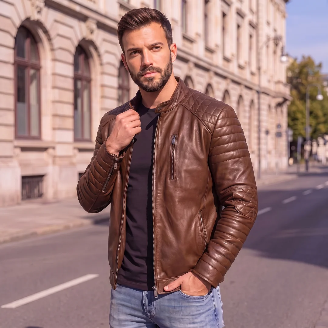 SKU-M-25_1 Brown Quilted Sleeve Leather Jacket - Image 1