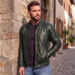 Dark Green Quilted Leather Jacket