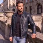 Navy Quilted Leather Jacket