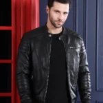 Black Leather Jacket with Red Stripes
