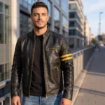 Black Leather Jacket with Yellow Stripes
