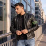 Black Leather Jacket with Green Stripes