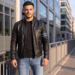 Black Leather Jacket with Blue Stripes