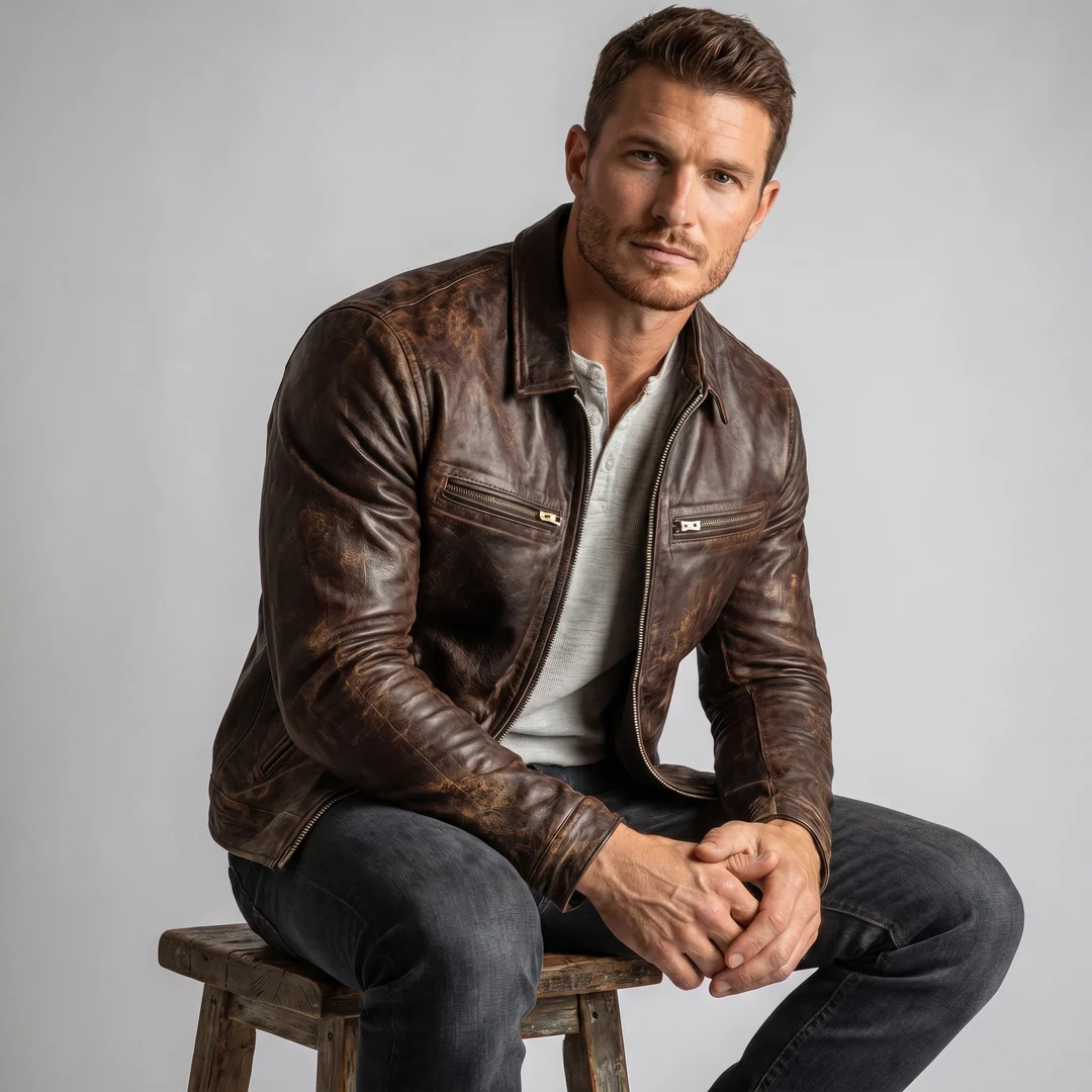 SKU-M-39_1 Brown Distressed Leather Jacket - Image 1