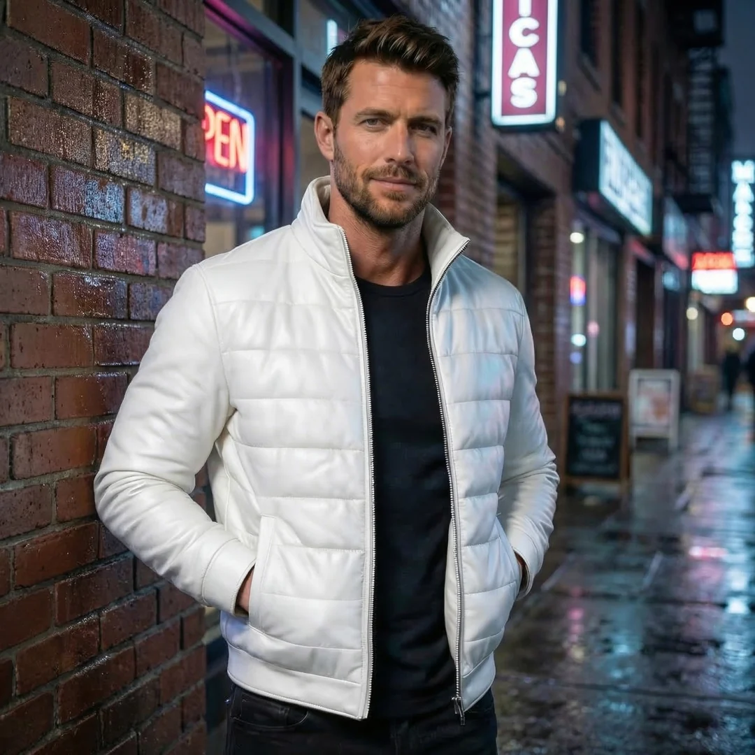 SKU-M-3_1 Men's White Quilted Puffer Jacket - Image 1