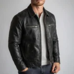 Black Leather Jacket with Dual Chest Zips