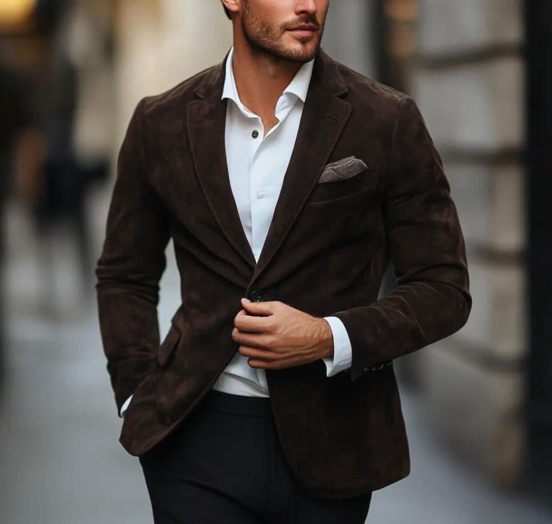 SKU-M-42_1 Brown Suede Leather Blazer - Image 1