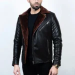 Black Shearling Collar Leather Jacket