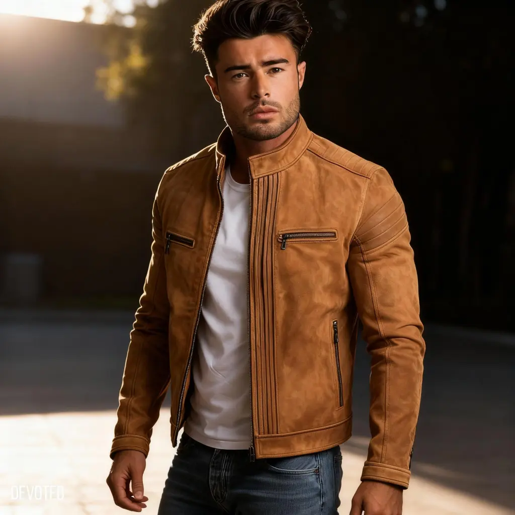 SKU-M-51_1 Tan Leather Racer Jacket - Image 1