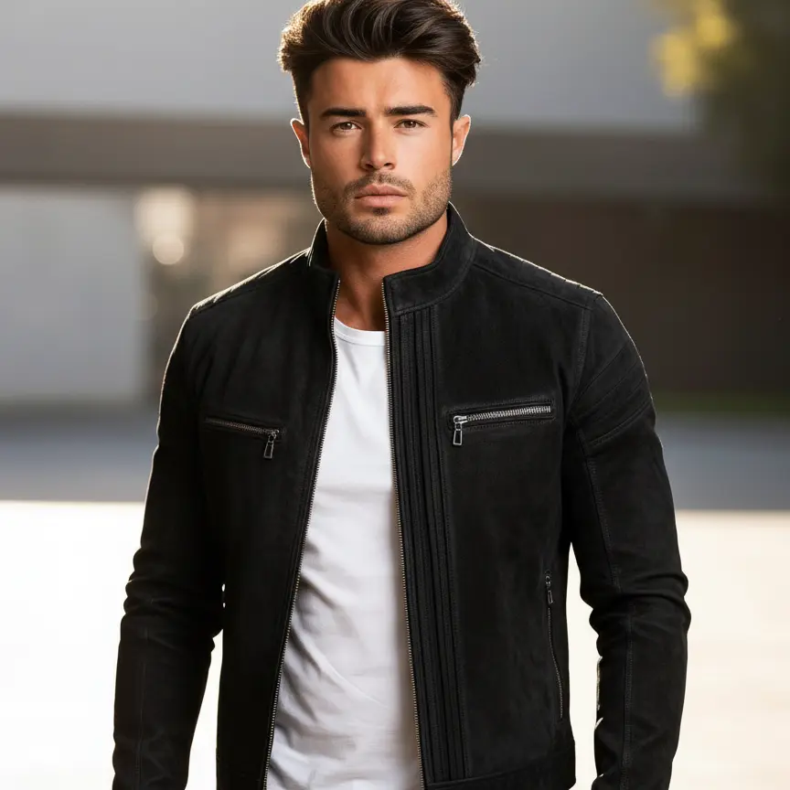 SKU-M-52_1 Black Leather Racer Jacket - Image 1