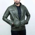 Olive Green Quilted Leather Jacket