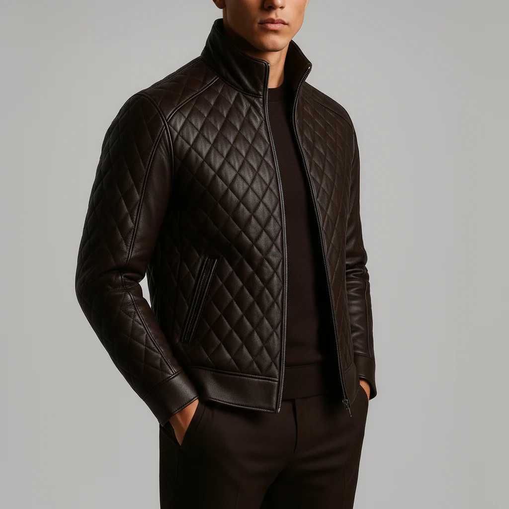 SKU-M-61_1 Dark Brown Diamond Quilted Leather Jacket - Image 1